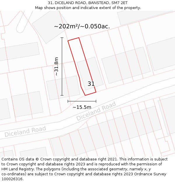 31, DICELAND ROAD, BANSTEAD, SM7 2ET: Plot and title map