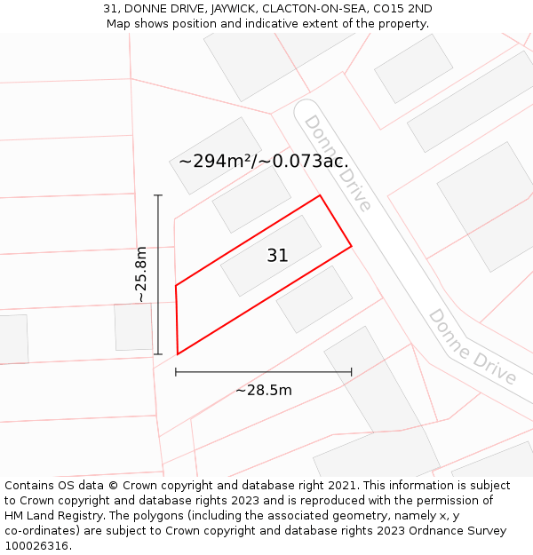 31, DONNE DRIVE, JAYWICK, CLACTON-ON-SEA, CO15 2ND: Plot and title map