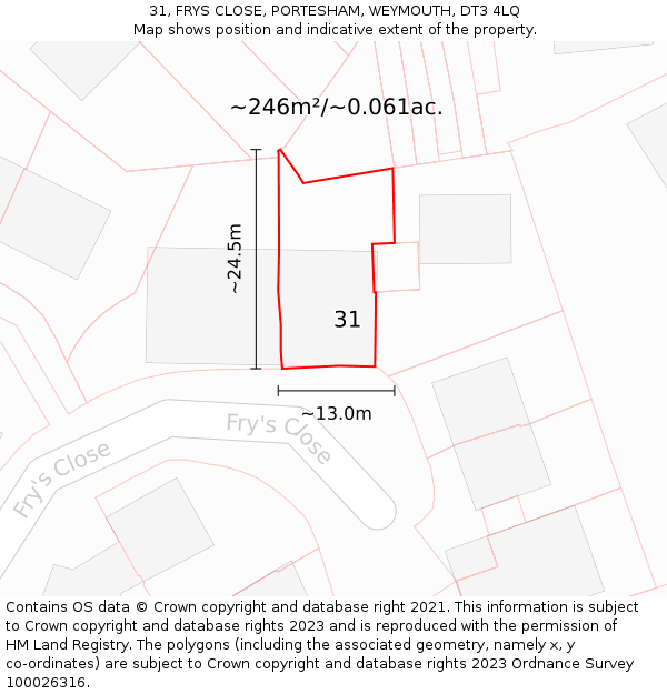 31, FRYS CLOSE, PORTESHAM, WEYMOUTH, DT3 4LQ: Plot and title map