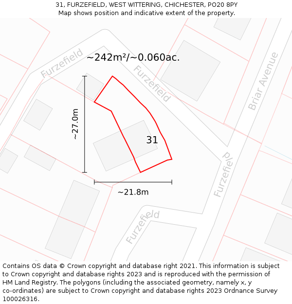 31, FURZEFIELD, WEST WITTERING, CHICHESTER, PO20 8PY: Plot and title map