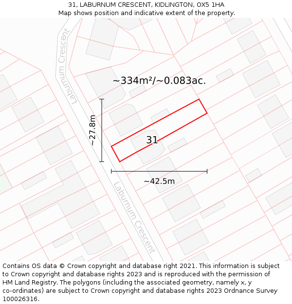 31, LABURNUM CRESCENT, KIDLINGTON, OX5 1HA: Plot and title map