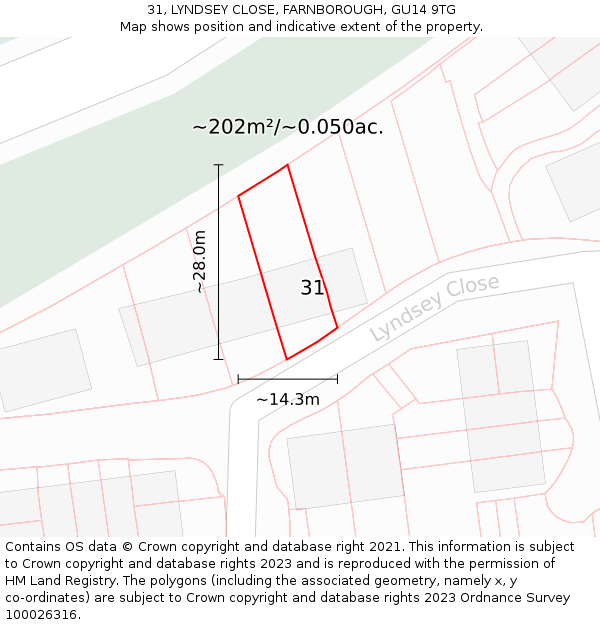 31, LYNDSEY CLOSE, FARNBOROUGH, GU14 9TG: Plot and title map