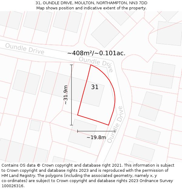 31, OUNDLE DRIVE, MOULTON, NORTHAMPTON, NN3 7DD: Plot and title map