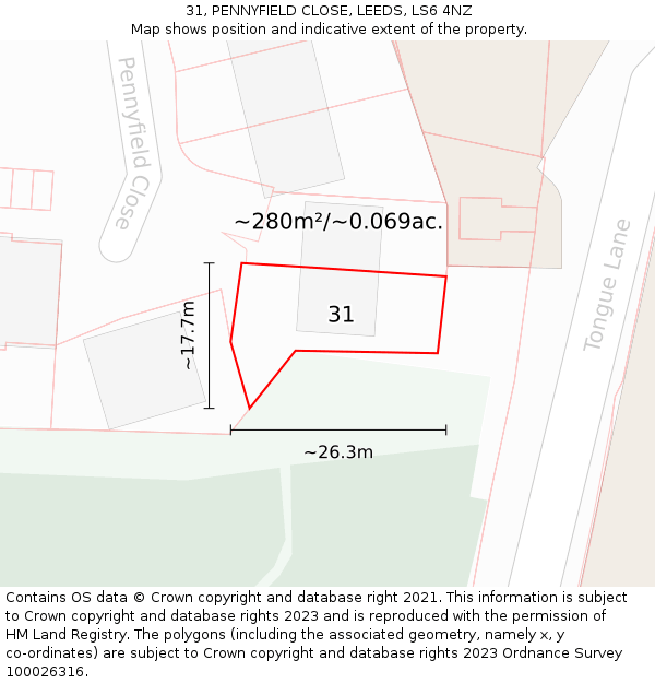 31, PENNYFIELD CLOSE, LEEDS, LS6 4NZ: Plot and title map