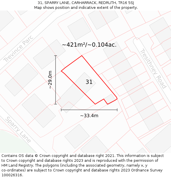 31, SPARRY LANE, CARHARRACK, REDRUTH, TR16 5SJ: Plot and title map