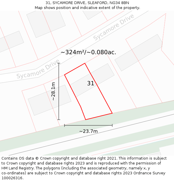 31, SYCAMORE DRIVE, SLEAFORD, NG34 8BN: Plot and title map