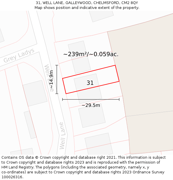 31, WELL LANE, GALLEYWOOD, CHELMSFORD, CM2 8QY: Plot and title map