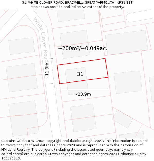 31, WHITE CLOVER ROAD, BRADWELL, GREAT YARMOUTH, NR31 8ST: Plot and title map