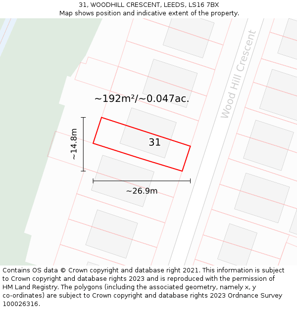 31, WOODHILL CRESCENT, LEEDS, LS16 7BX: Plot and title map