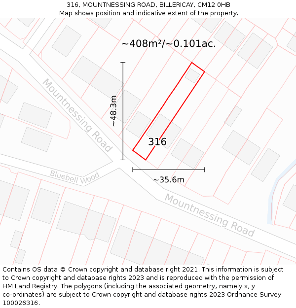 316, MOUNTNESSING ROAD, BILLERICAY, CM12 0HB: Plot and title map