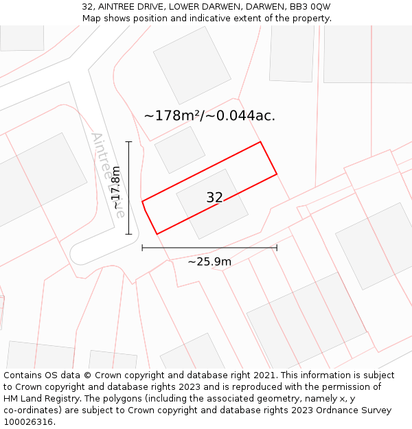 32, AINTREE DRIVE, LOWER DARWEN, DARWEN, BB3 0QW: Plot and title map