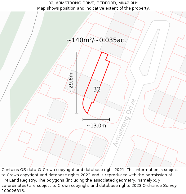 32, ARMSTRONG DRIVE, BEDFORD, MK42 9LN: Plot and title map