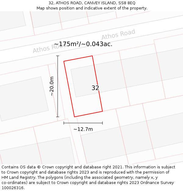 32, ATHOS ROAD, CANVEY ISLAND, SS8 8EQ: Plot and title map