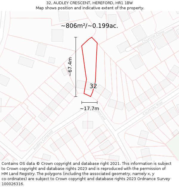 32, AUDLEY CRESCENT, HEREFORD, HR1 1BW: Plot and title map