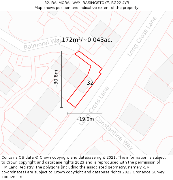 32, BALMORAL WAY, BASINGSTOKE, RG22 4YB: Plot and title map