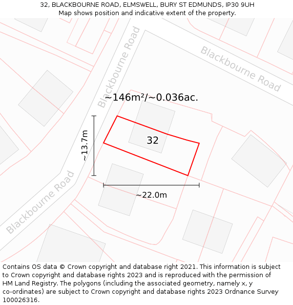 32, BLACKBOURNE ROAD, ELMSWELL, BURY ST EDMUNDS, IP30 9UH: Plot and title map