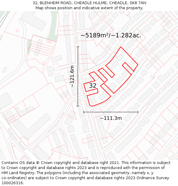 32, BLENHEIM ROAD, CHEADLE HULME, CHEADLE, SK8 7AN: Plot and title map