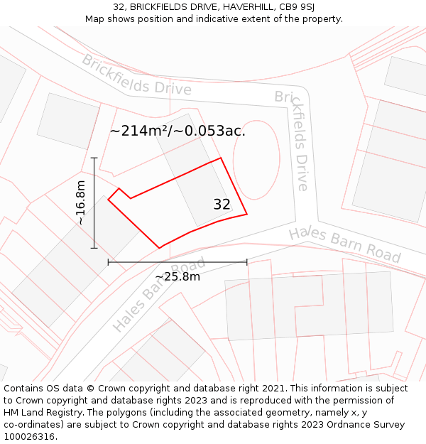 32, BRICKFIELDS DRIVE, HAVERHILL, CB9 9SJ: Plot and title map