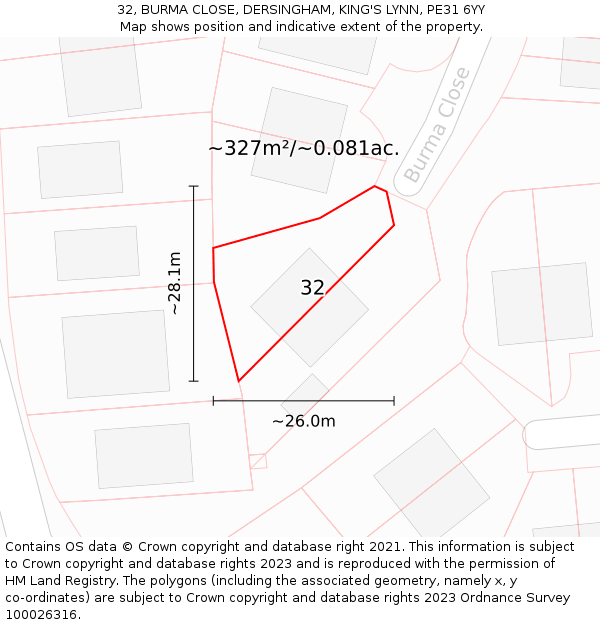 32, BURMA CLOSE, DERSINGHAM, KING'S LYNN, PE31 6YY: Plot and title map