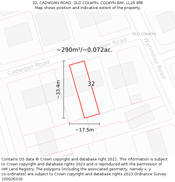 32, CADWGAN ROAD, OLD COLWYN, COLWYN BAY, LL29 9RE: Plot and title map