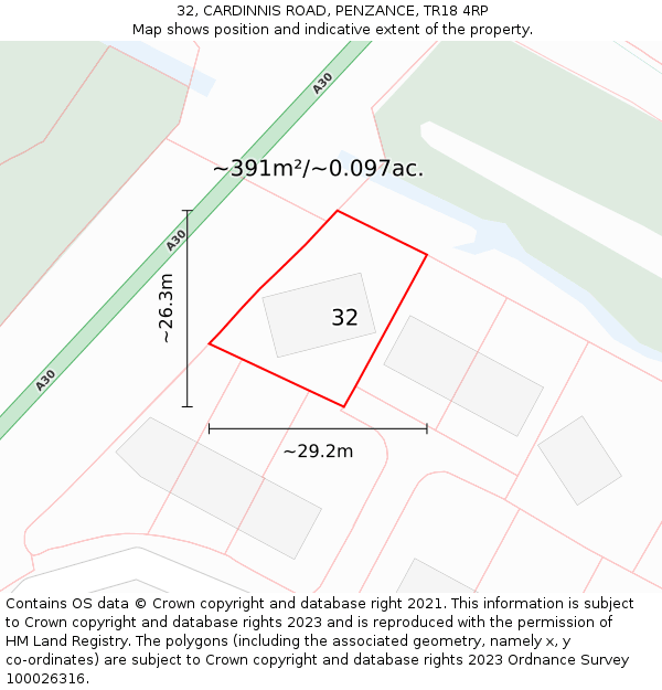 32, CARDINNIS ROAD, PENZANCE, TR18 4RP: Plot and title map