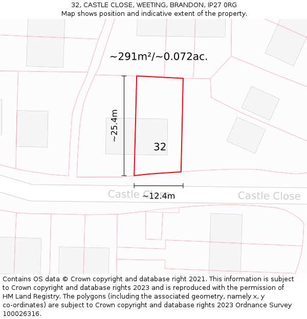 32, CASTLE CLOSE, WEETING, BRANDON, IP27 0RG: Plot and title map