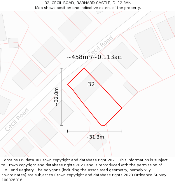 32, CECIL ROAD, BARNARD CASTLE, DL12 8AN: Plot and title map