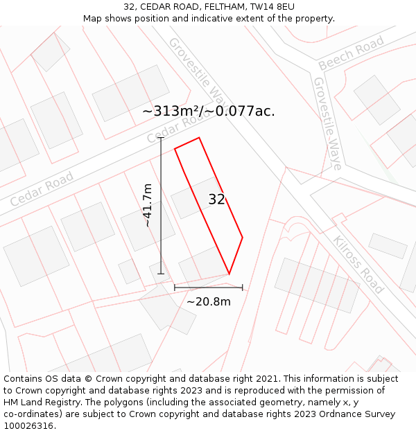 32, CEDAR ROAD, FELTHAM, TW14 8EU: Plot and title map