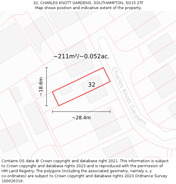 32, CHARLES KNOTT GARDENS, SOUTHAMPTON, SO15 2TF: Plot and title map