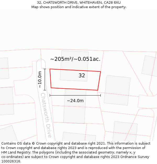 32, CHATSWORTH DRIVE, WHITEHAVEN, CA28 6XU: Plot and title map