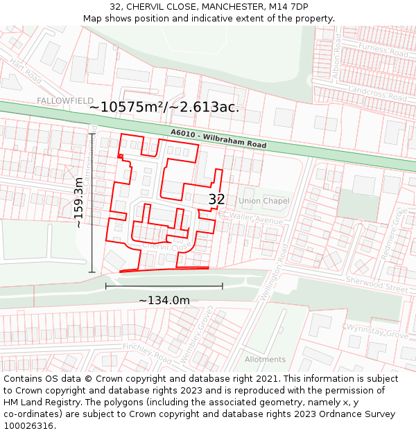 32, CHERVIL CLOSE, MANCHESTER, M14 7DP: Plot and title map