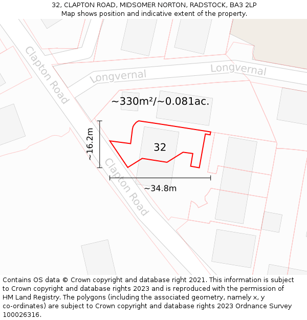 32, CLAPTON ROAD, MIDSOMER NORTON, RADSTOCK, BA3 2LP: Plot and title map