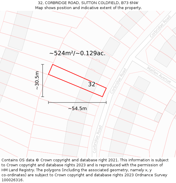 32, CORBRIDGE ROAD, SUTTON COLDFIELD, B73 6NW: Plot and title map