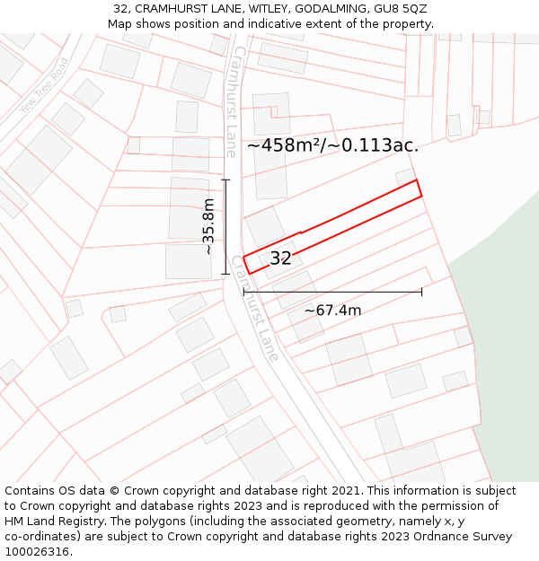 32, CRAMHURST LANE, WITLEY, GODALMING, GU8 5QZ: Plot and title map