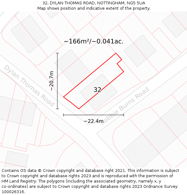 32, DYLAN THOMAS ROAD, NOTTINGHAM, NG5 5UA: Plot and title map