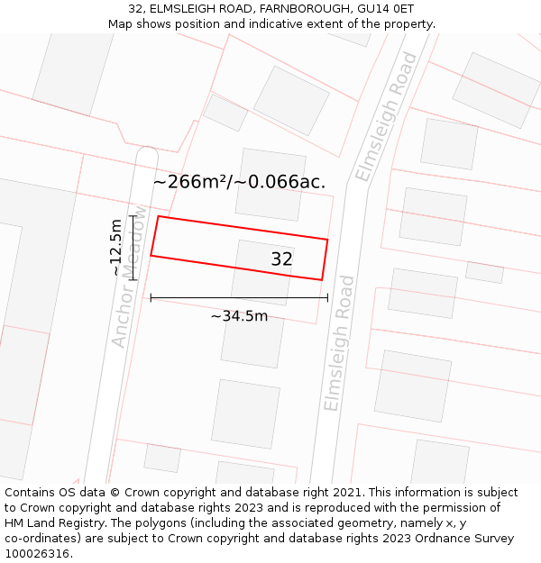 32, ELMSLEIGH ROAD, FARNBOROUGH, GU14 0ET: Plot and title map