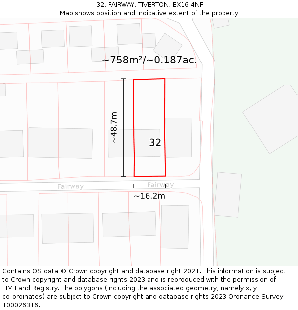 32, FAIRWAY, TIVERTON, EX16 4NF: Plot and title map