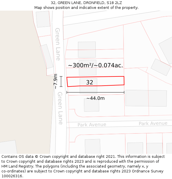 32, GREEN LANE, DRONFIELD, S18 2LZ: Plot and title map