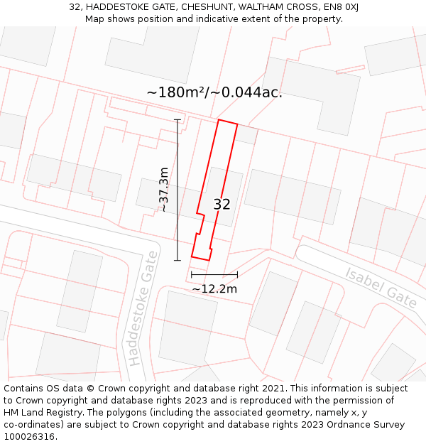 32, HADDESTOKE GATE, CHESHUNT, WALTHAM CROSS, EN8 0XJ: Plot and title map