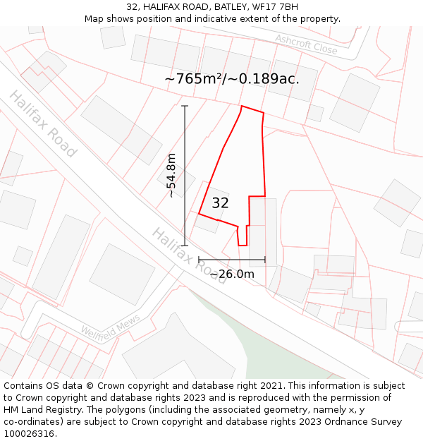 32, HALIFAX ROAD, BATLEY, WF17 7BH: Plot and title map