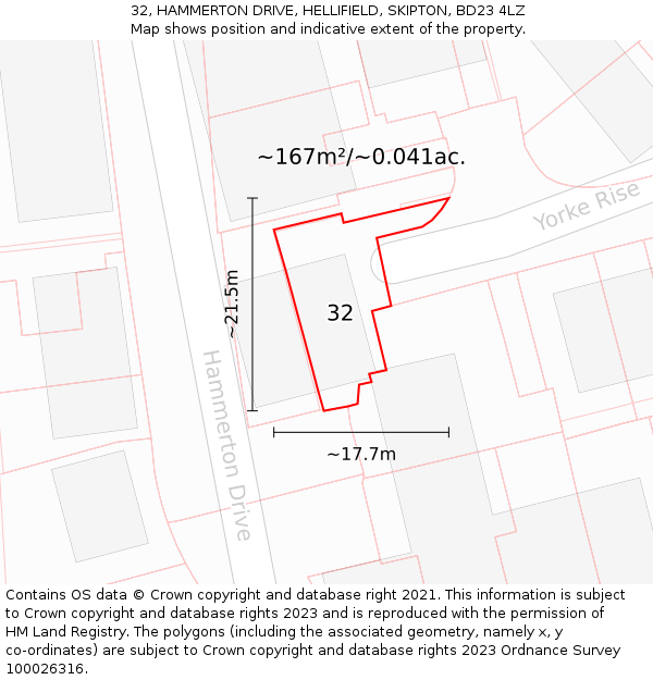 32, HAMMERTON DRIVE, HELLIFIELD, SKIPTON, BD23 4LZ: Plot and title map