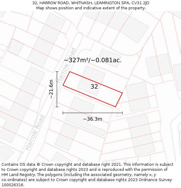 32, HARROW ROAD, WHITNASH, LEAMINGTON SPA, CV31 2JD: Plot and title map