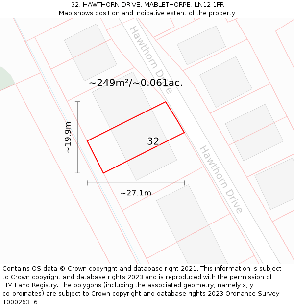 32, HAWTHORN DRIVE, MABLETHORPE, LN12 1FR: Plot and title map