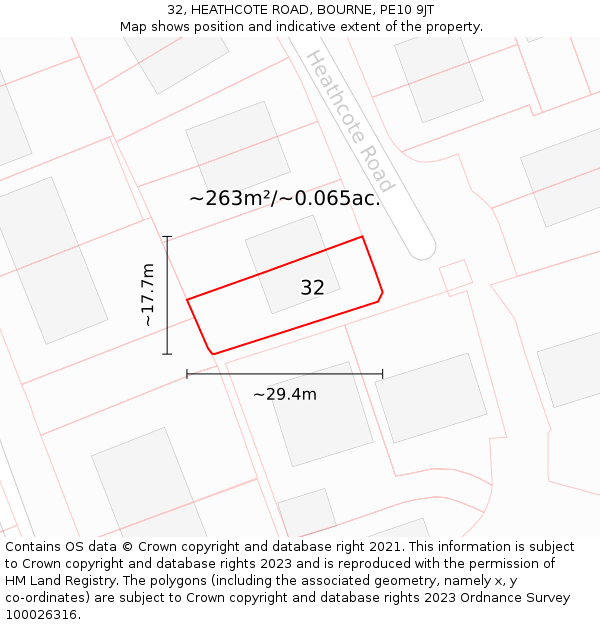 32, HEATHCOTE ROAD, BOURNE, PE10 9JT: Plot and title map