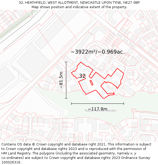 32, HEATHFIELD, WEST ALLOTMENT, NEWCASTLE UPON TYNE, NE27 0BP: Plot and title map