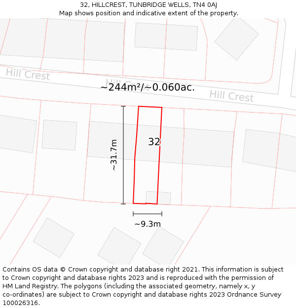 32, HILLCREST, TUNBRIDGE WELLS, TN4 0AJ: Plot and title map