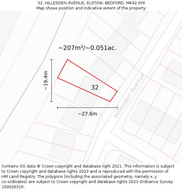 32, HILLESDEN AVENUE, ELSTOW, BEDFORD, MK42 9YX: Plot and title map