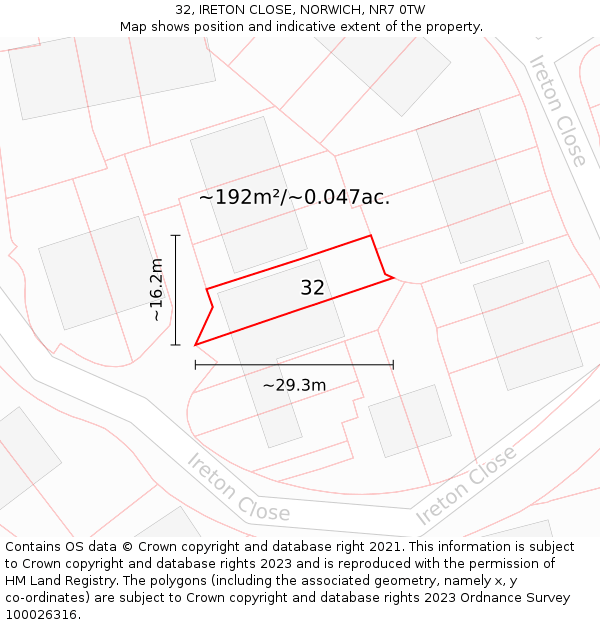 32, IRETON CLOSE, NORWICH, NR7 0TW: Plot and title map