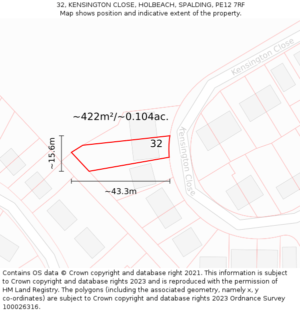 32, KENSINGTON CLOSE, HOLBEACH, SPALDING, PE12 7RF: Plot and title map