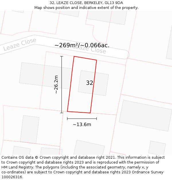 32, LEAZE CLOSE, BERKELEY, GL13 9DA: Plot and title map